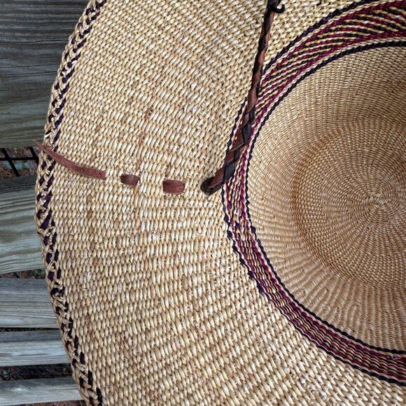 African Handwoven Elephant Grass Bolga Sun Hat Maroon Detail Leather Chinstrap - Picture 5 of 12